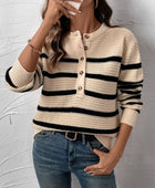 Perfee Striped Half Button Long Sleeve Sweater