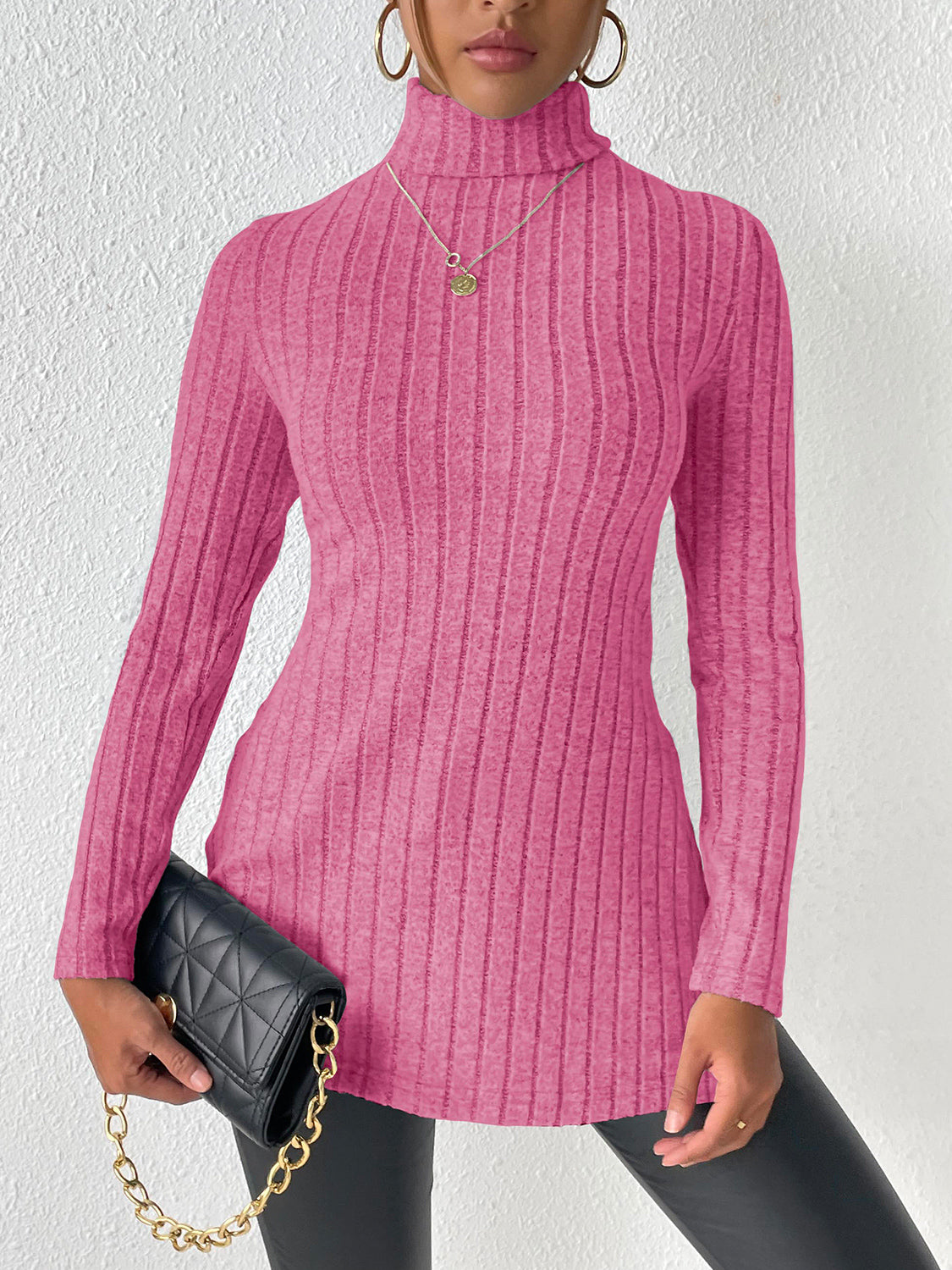 Ribbed Turtleneck Long Sleeve Slit T-Shirt - Body By J'ne