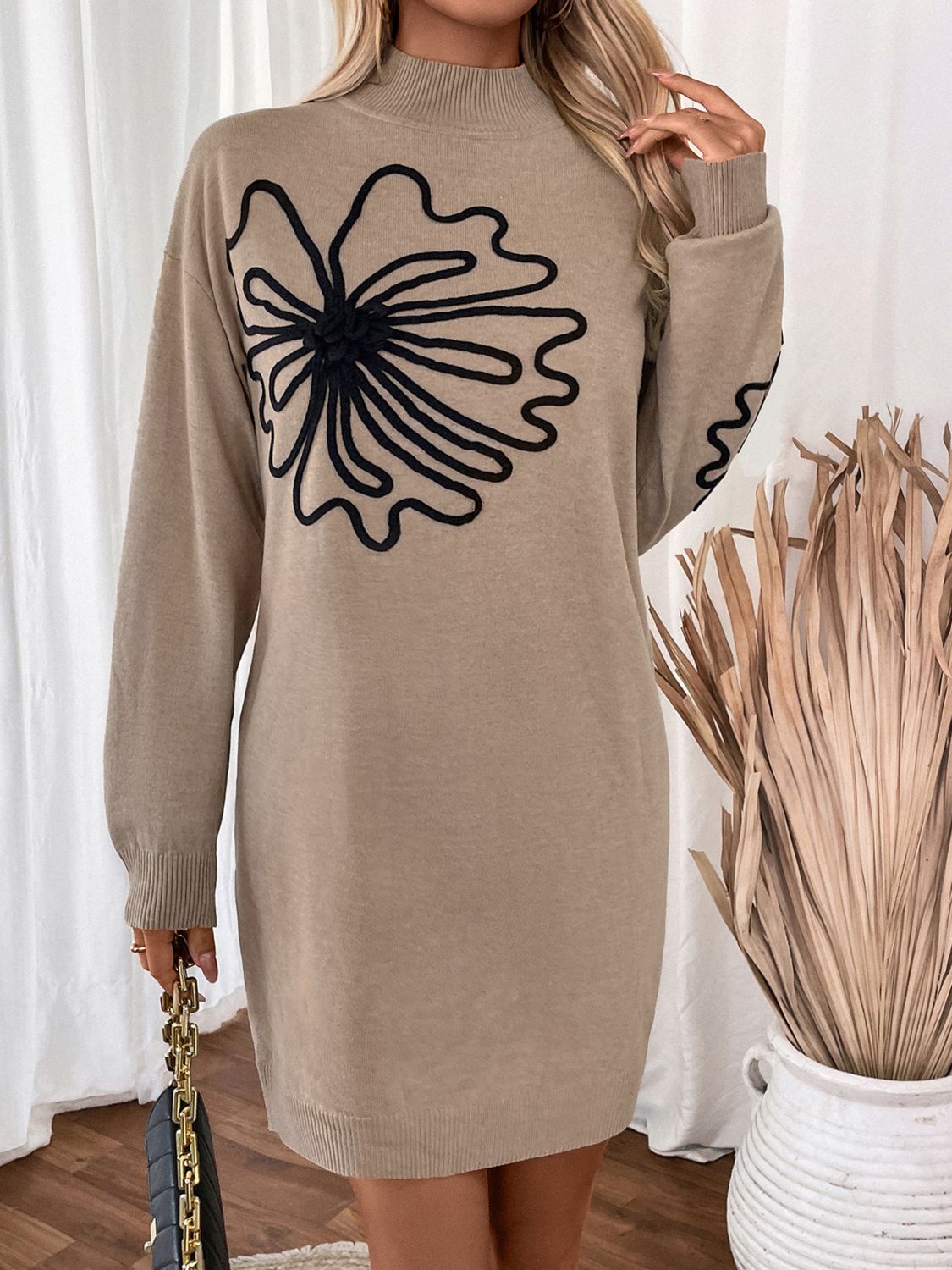 Perfee Flower Mock Neck Long Sleeve Sweater Dress - Body By J'ne