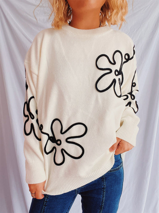 Flower Round Neck Long Sleeve Sweater - Body By J'ne