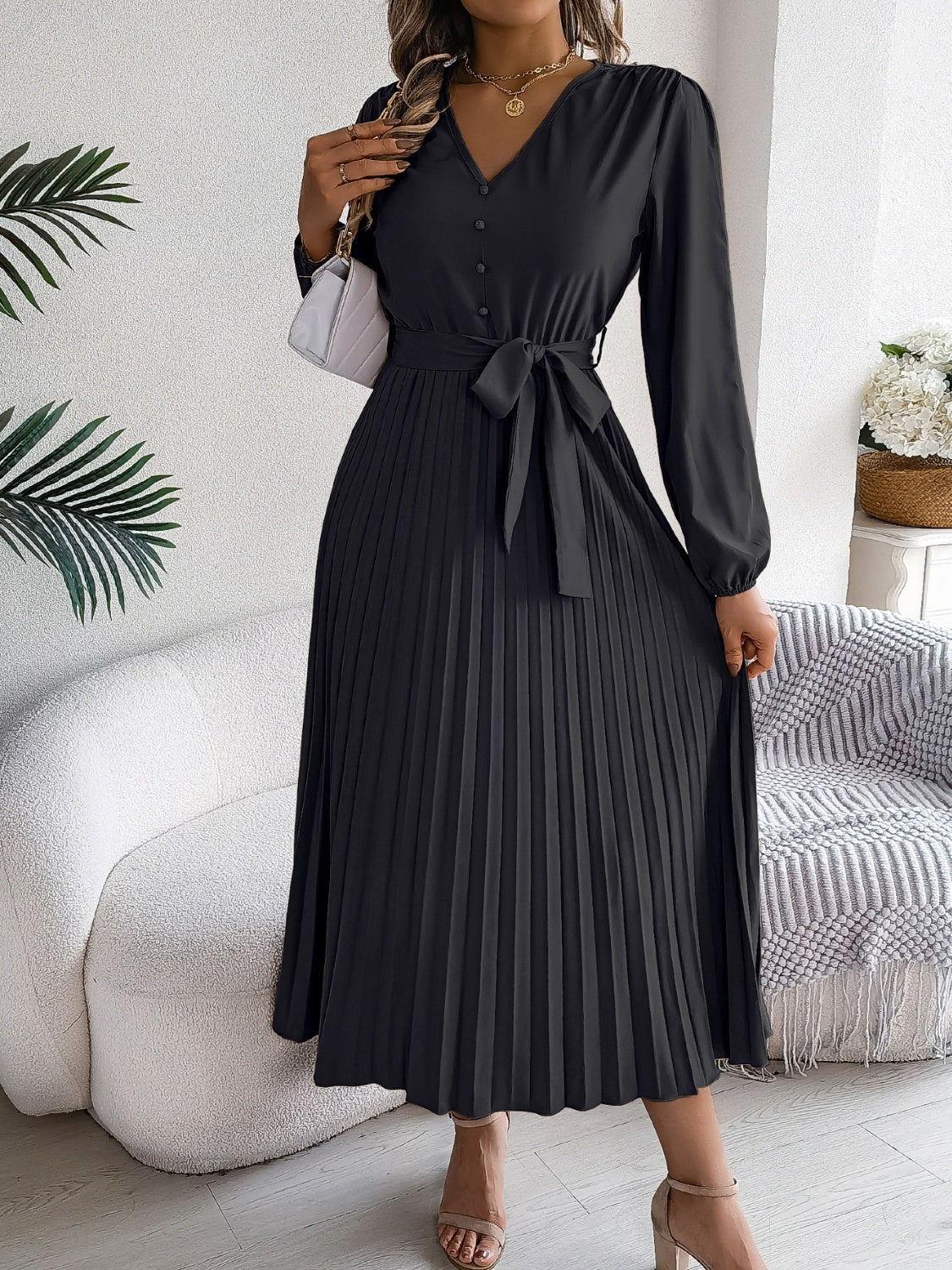 Pleated Tied V-Neck Long Sleeve Dress - Body By J'ne