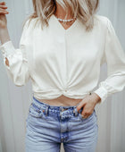 Textured V-Neck Long Sleeve Blouse