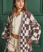 Checkered Open Front Long Sleeve Cardigan