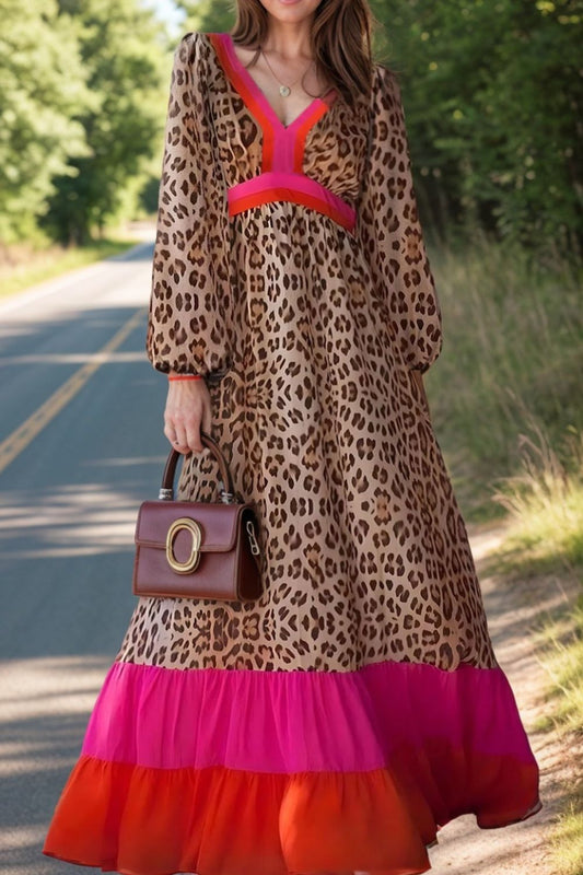 Vestido largo de manga larga con escote en V y estampado de leopardo