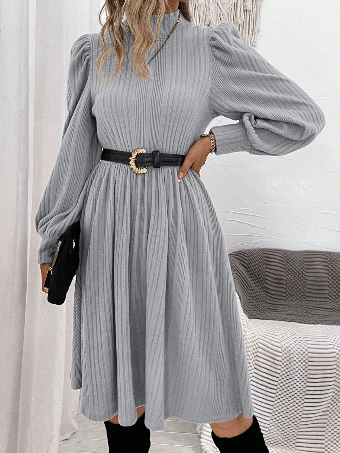 Textured Turtleneck Long Sleeve Dress - Body By J'ne