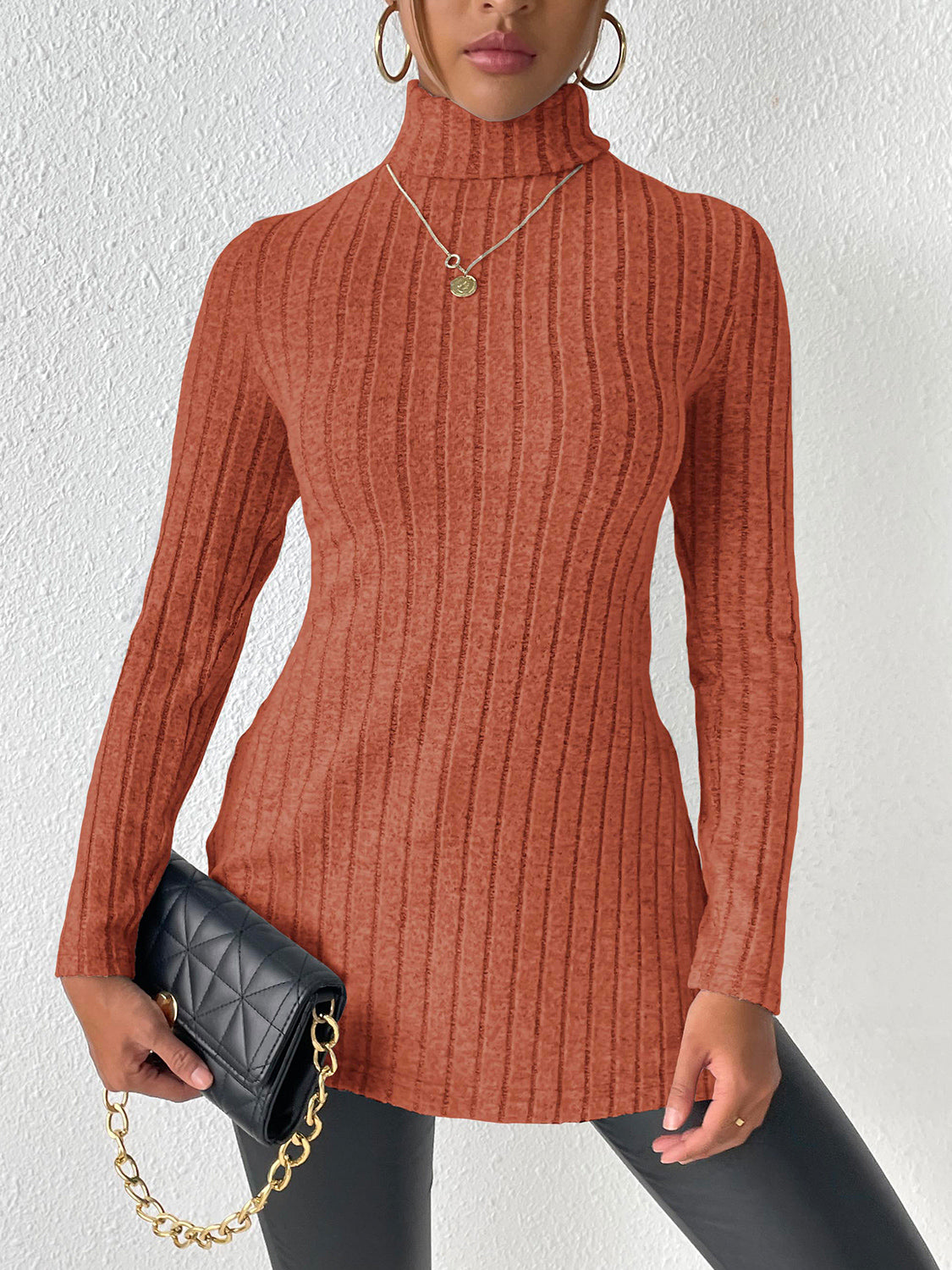 Ribbed Turtleneck Long Sleeve Slit T-Shirt - Body By J'ne