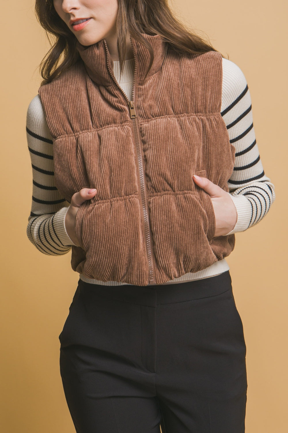 Corduroy Zip Up Puffer Vest with Pockets - Body By J'ne