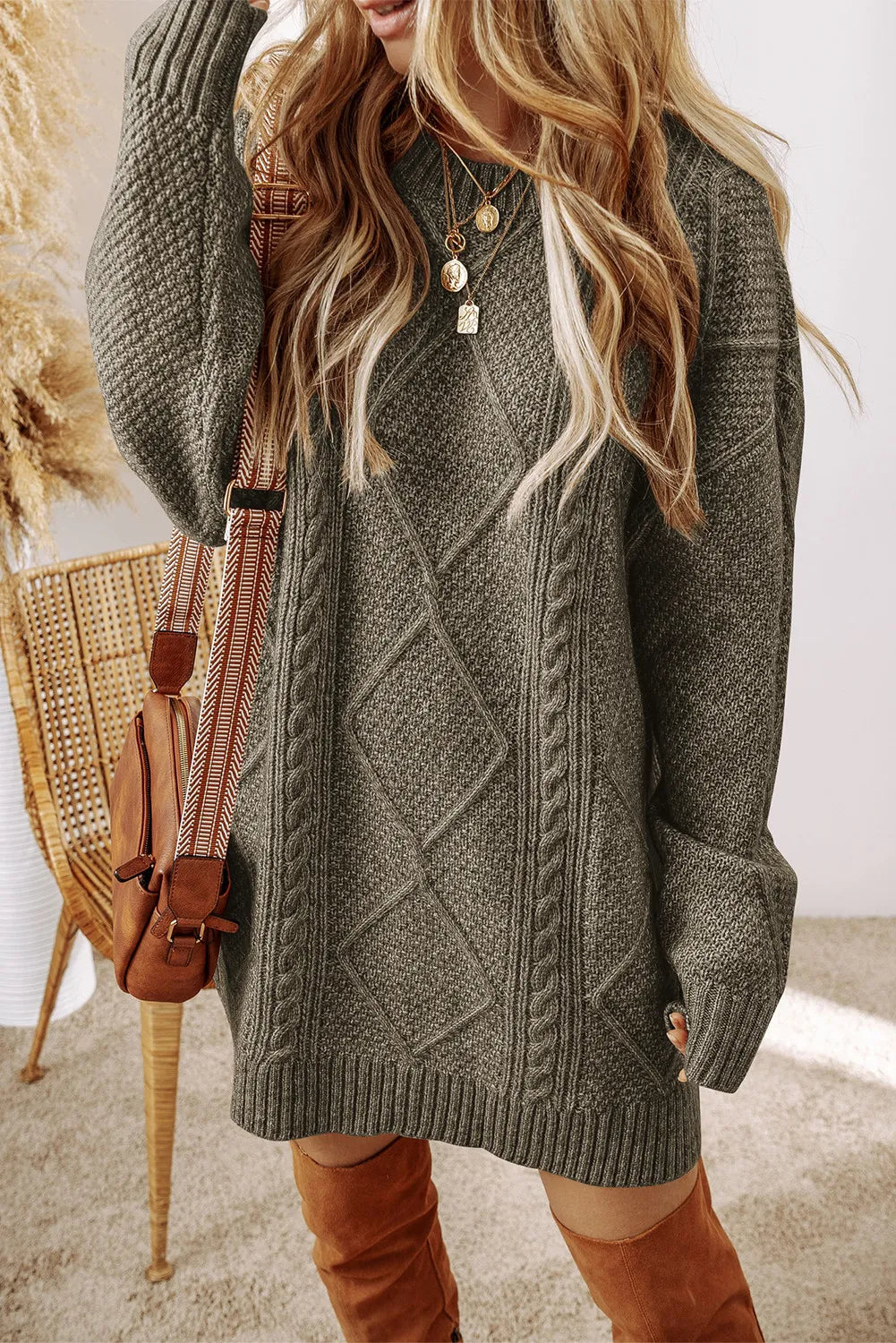 Cable-Knit Round Neck Sweater Dress