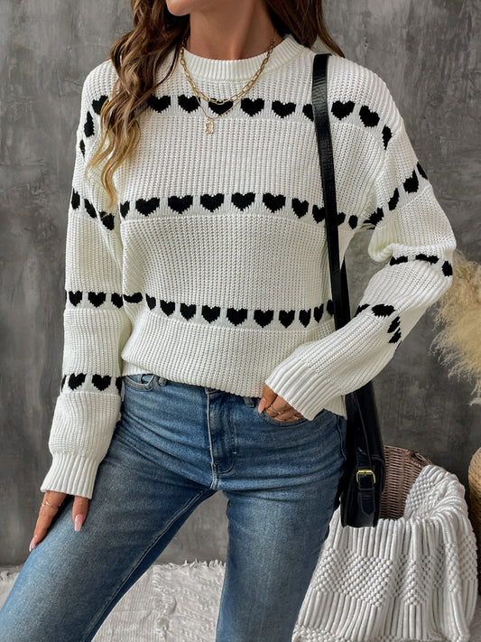 Perfee Heart Round Neck Long Sleeve Sweater - Body By J'ne