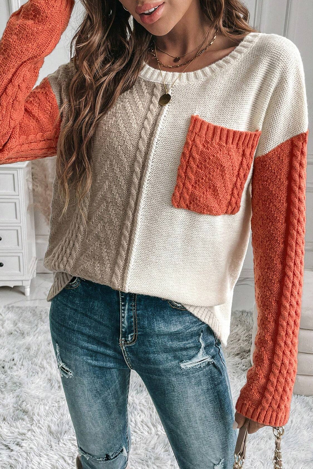 Color Block Round Neck Long Sleeve Sweater - Body By J'ne