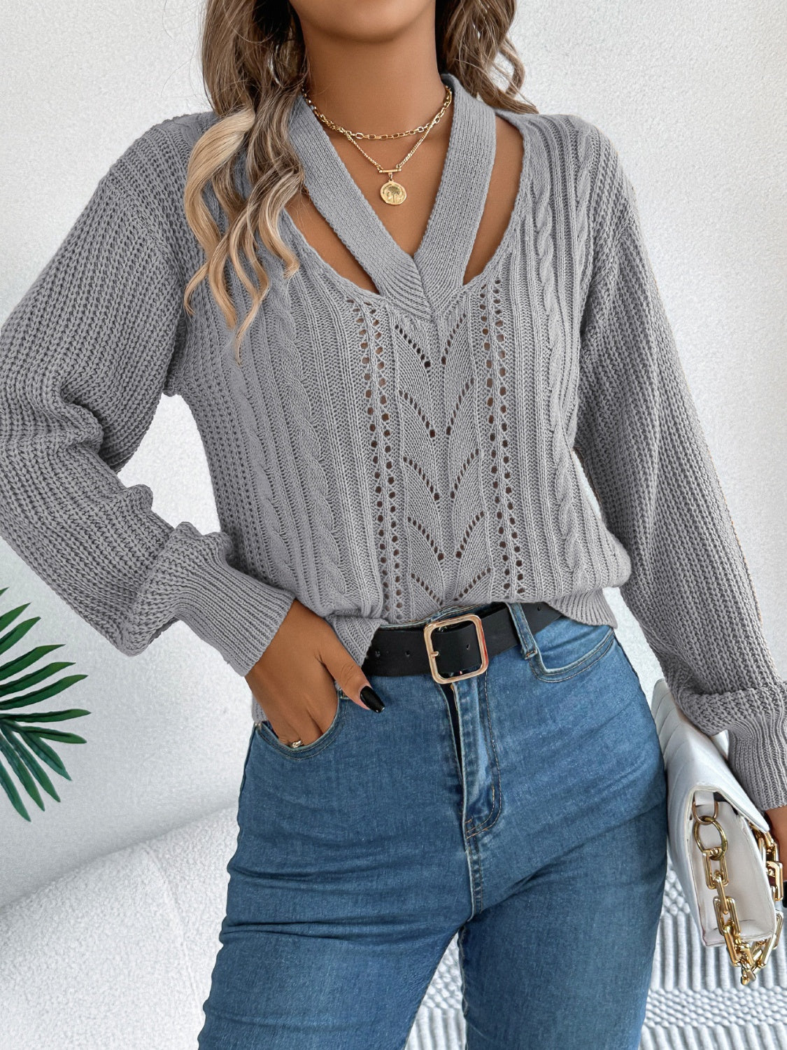 Cutout V-Neck Long Sleeve Sweater - Body By J'ne