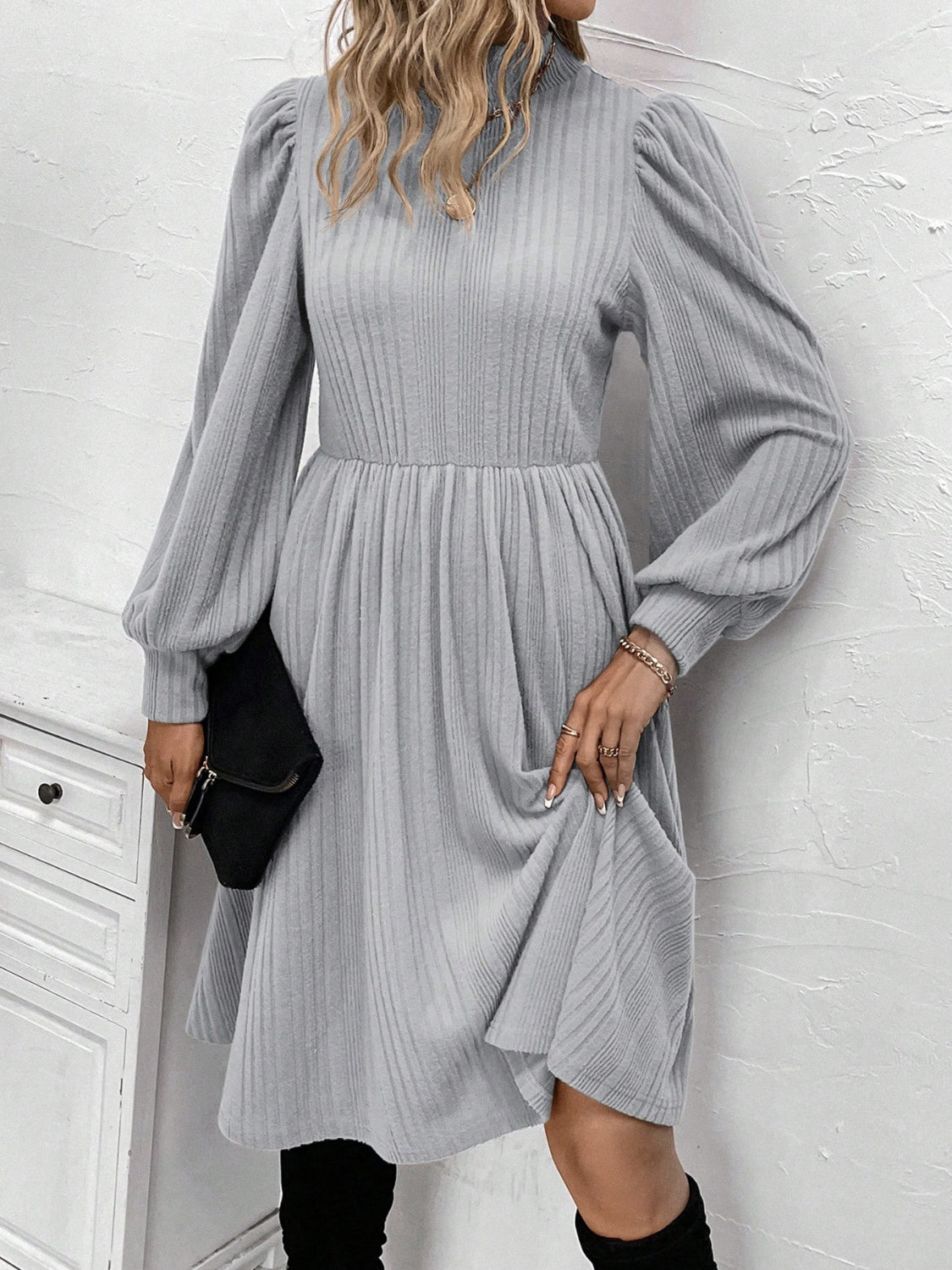 Textured Turtleneck Long Sleeve Dress - Body By J'ne