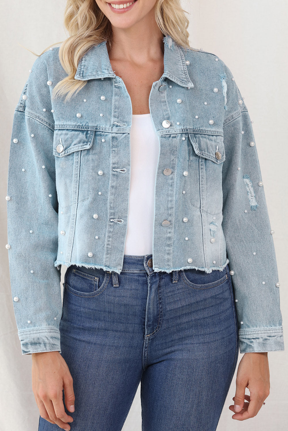 Distressed Pearl Trim Button Up Denim Jacket - Body By J'ne