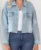 Distressed Pearl Trim Button Up Denim Jacket