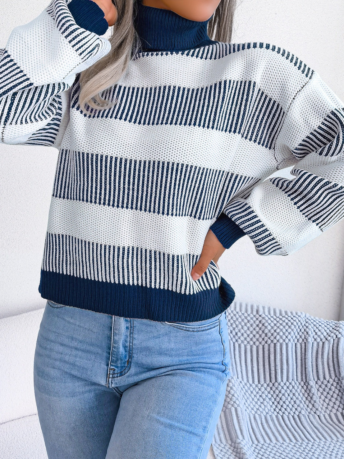 Striped Turtleneck Long Sleeve Sweater - Body By J'ne