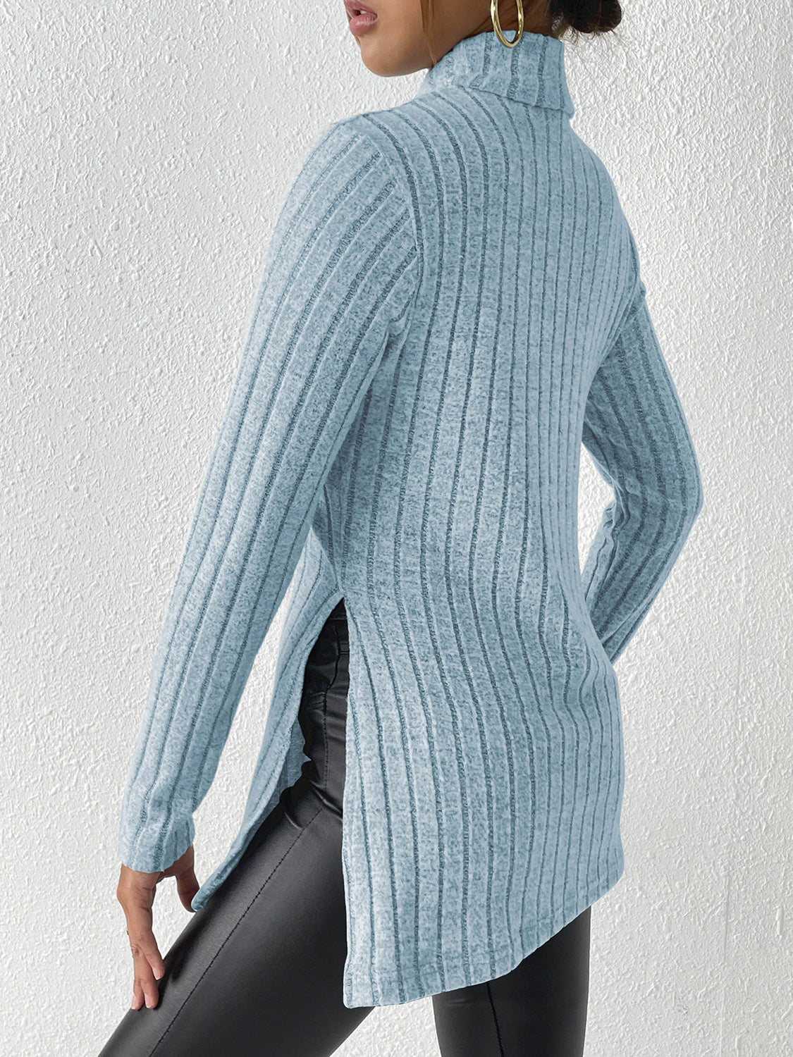Ribbed Turtleneck Long Sleeve Slit T-Shirt - Body By J'ne