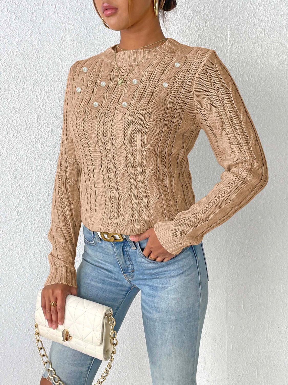 Cable-Knit Round Neck Long Sleeve Sweater - Body By J'ne
