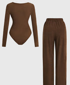 Round Neck Long Sleeve Bodysuit and Tied Pants Set