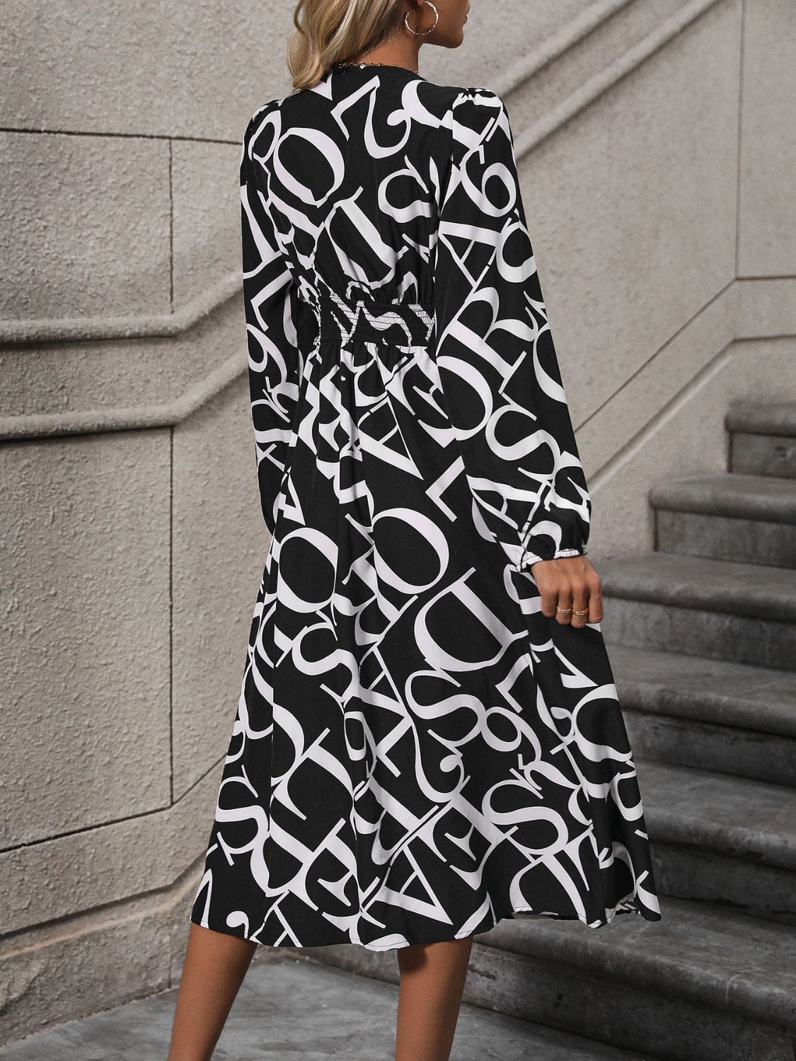 Perfee Printed V-Neck Long Sleeve Midi Dress - Body By J'ne