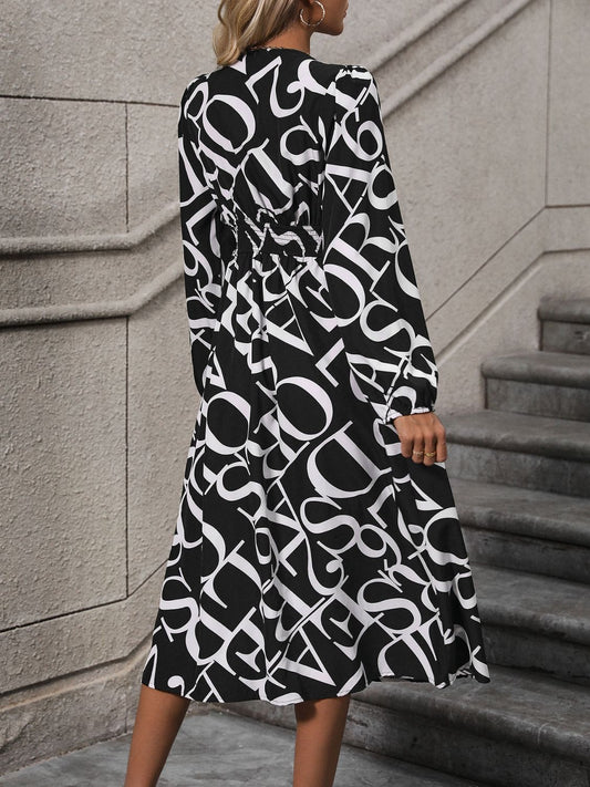 Perfee Printed V-Neck Long Sleeve Midi Dress - Body By J'ne