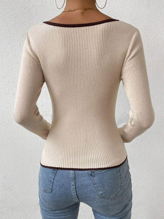 Contrast Trim Long Sleeve Knit Top - Body By J'ne