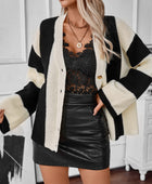 Waffle-Knit V-Neck Striped Long Sleeve Cardigan