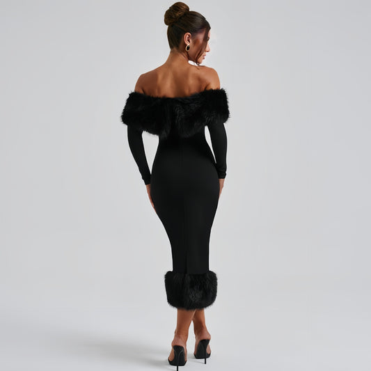 Adrianna Fur Collar Long Sleeve Dress - Body By J'ne