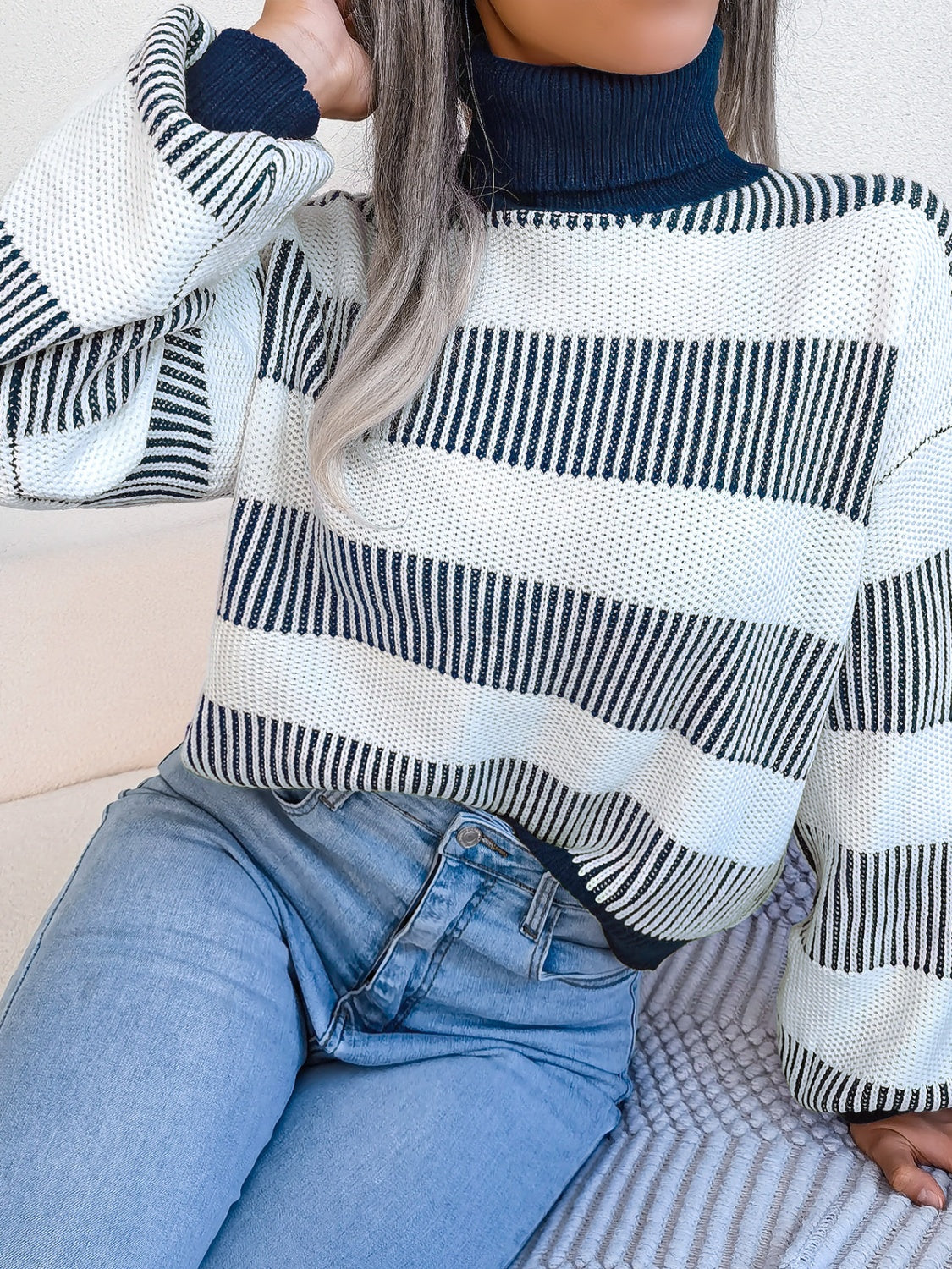 Striped Turtleneck Long Sleeve Sweater - Body By J'ne
