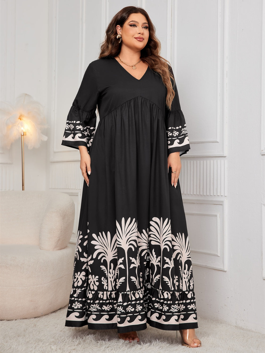 Plus Size Printed V-Neck Long Sleeve Maxi Dress - Body By J'ne