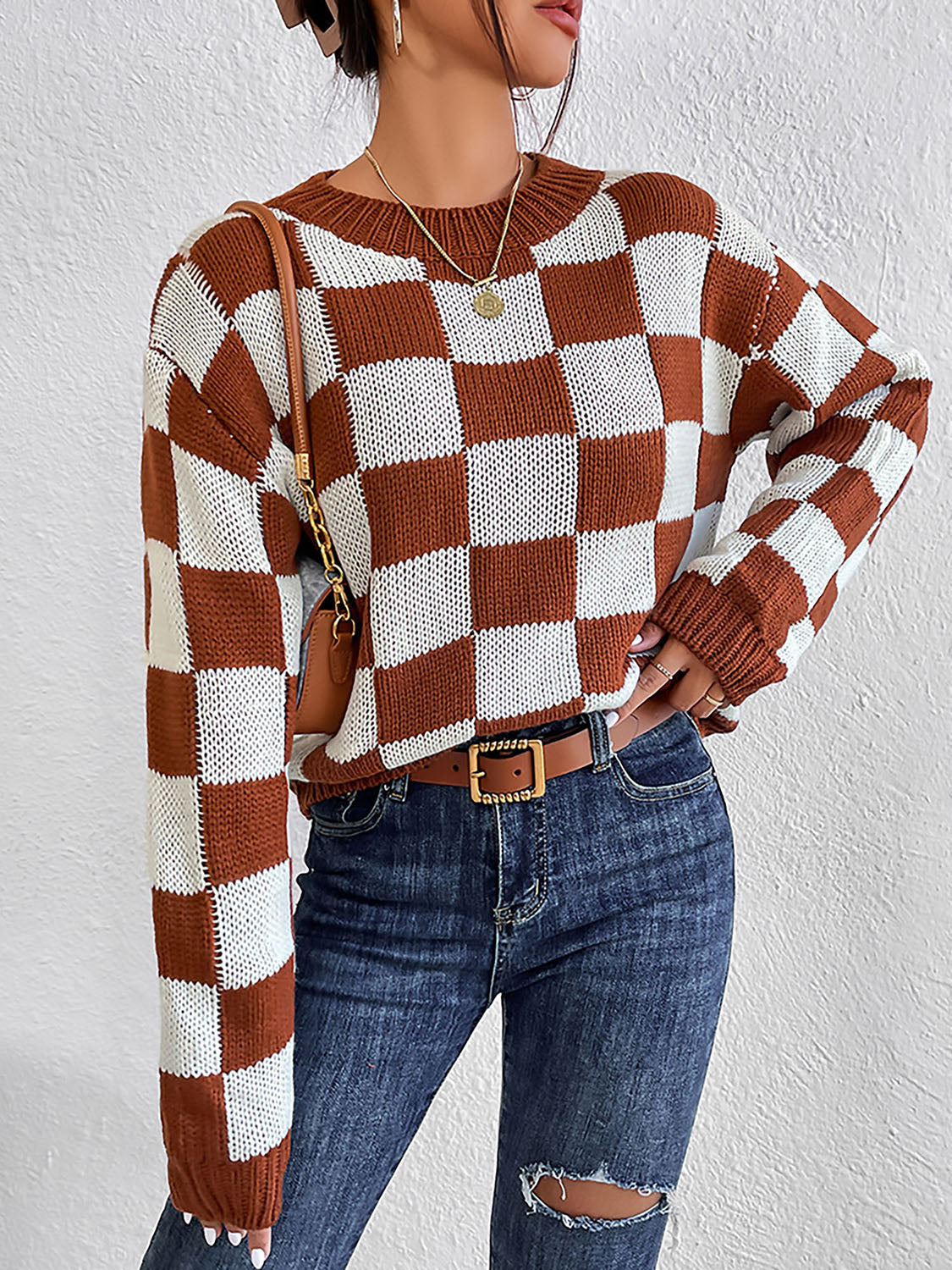 Checkered Round Neck Sweater - Body By J'ne