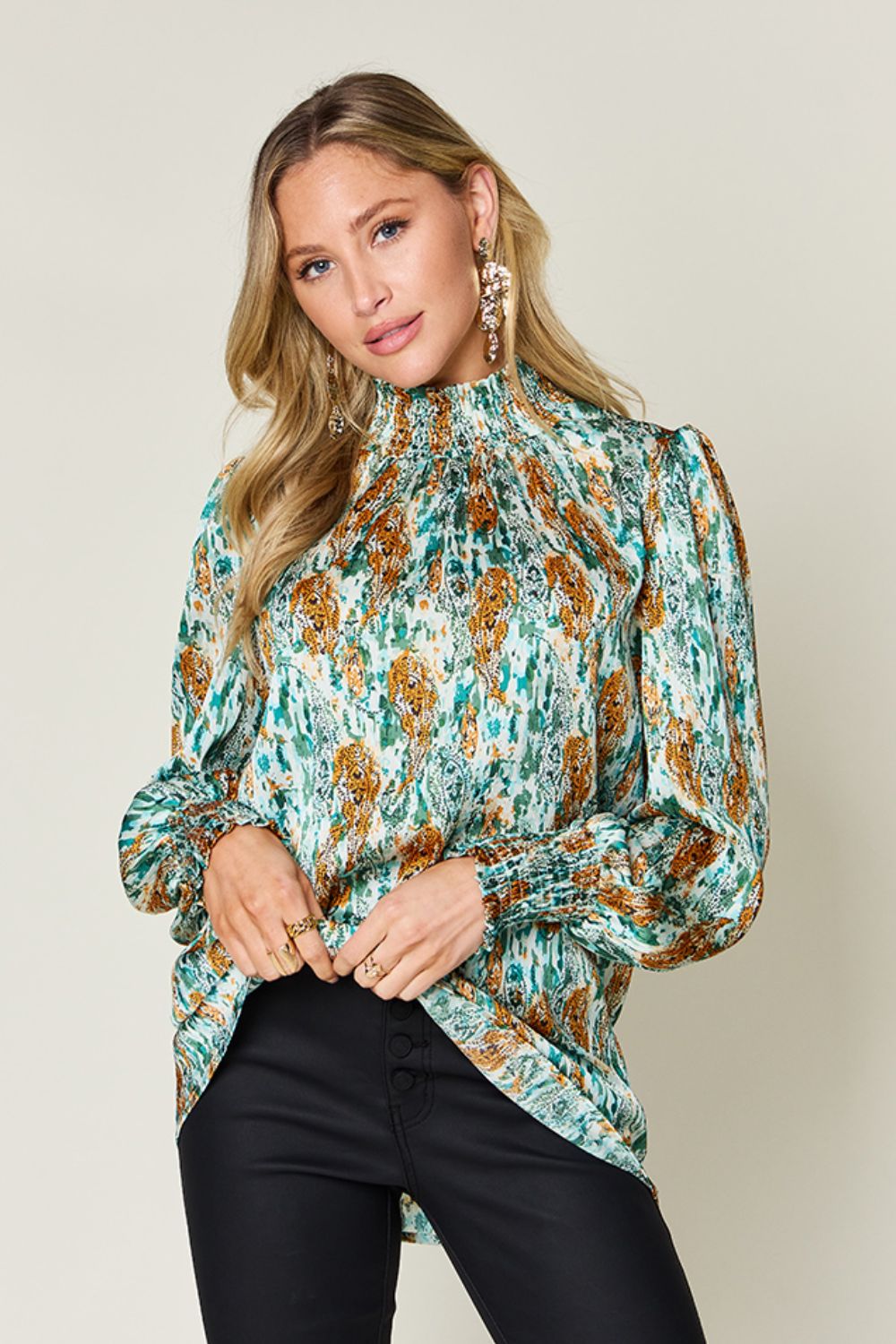 Full Size Printed Smocked Long Sleeve Blouse - Body By J'ne