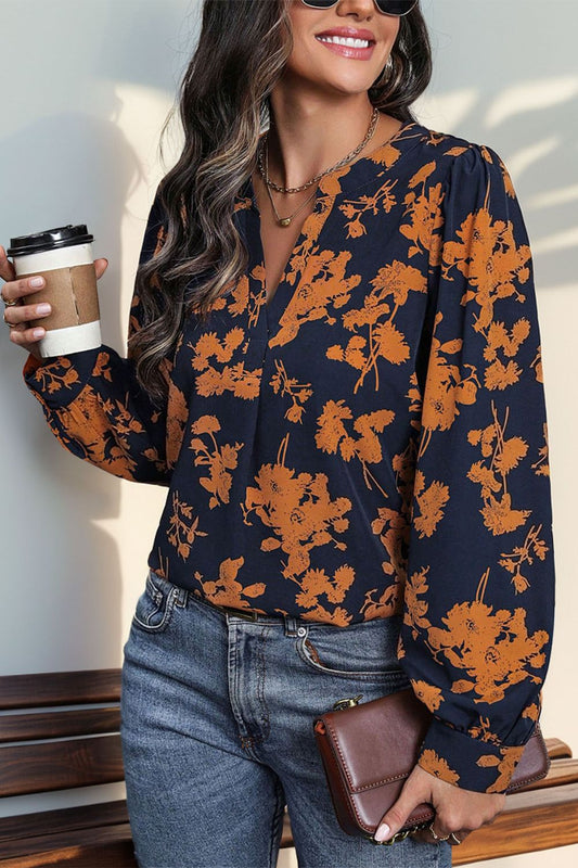 Perfee Printed Notched Long Sleeve Blouse - Body By J'ne