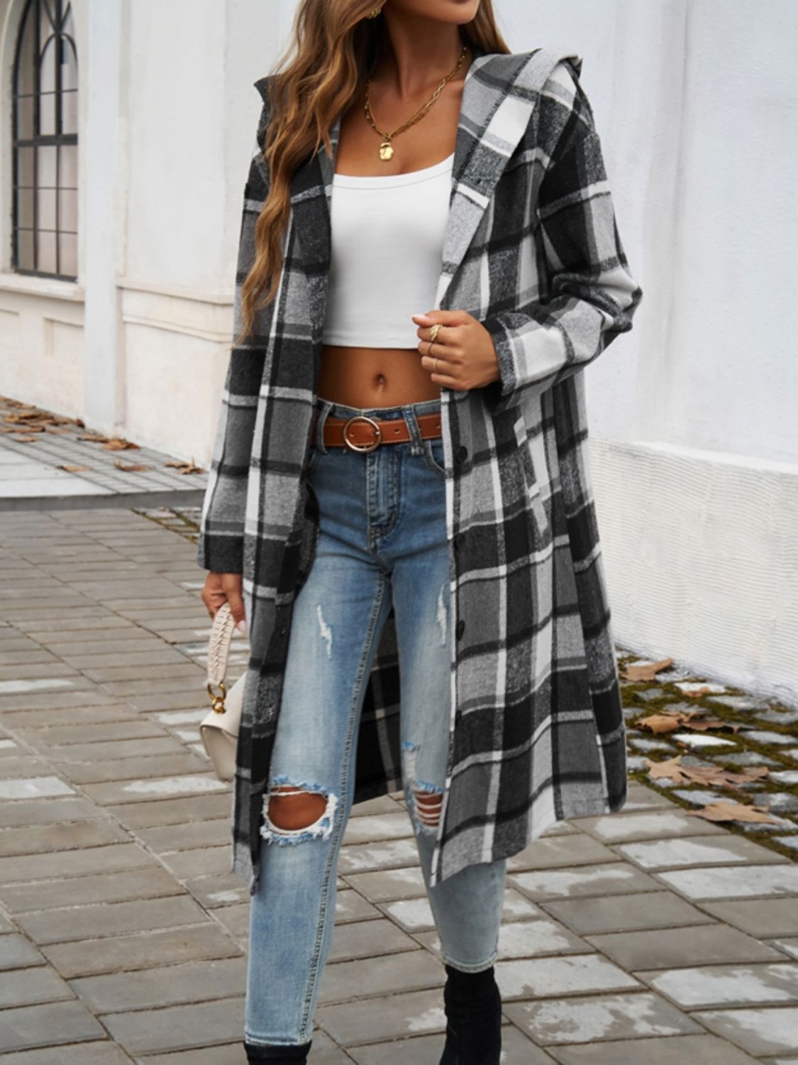 Devine Plaid Long Sleeve Hooded Coat - Body By J'ne