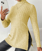 Ribbed Turtleneck Long Sleeve Slit T-Shirt