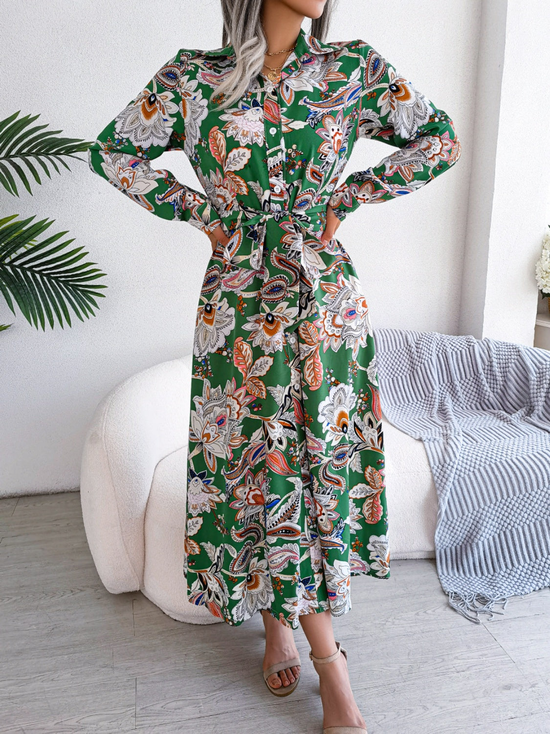 Tied Printed Long Sleeve Midi Dress - Body By J'ne