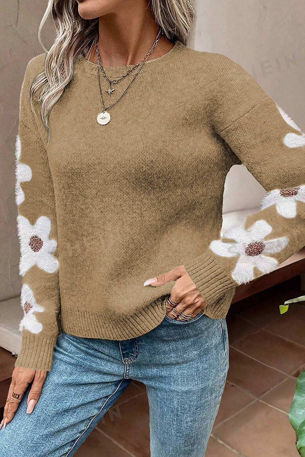 Flower Round Neck Long Sleeve Sweater - Body By J'ne