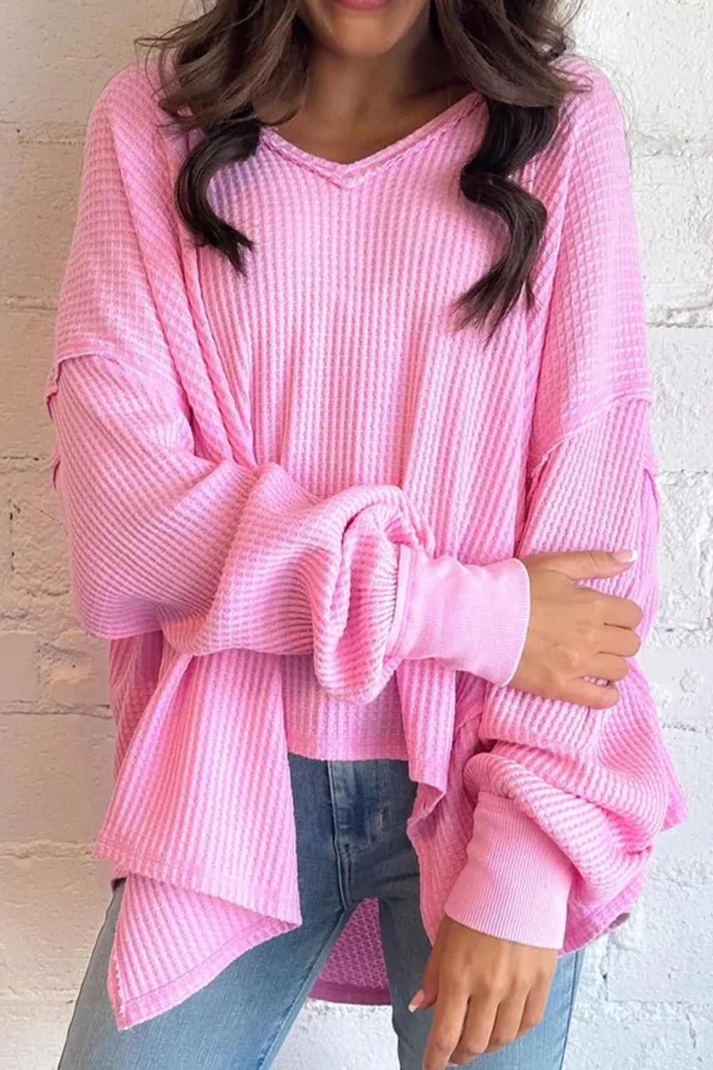 Waffle-Knit V-Neck Long Sleeve Blouse - Body By J'ne