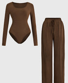 Round Neck Long Sleeve Bodysuit and Tied Pants Set