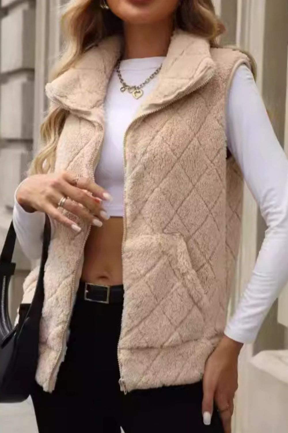 Fuzzy Plaid Texture Zip Up Vest Coat - Body By J'ne