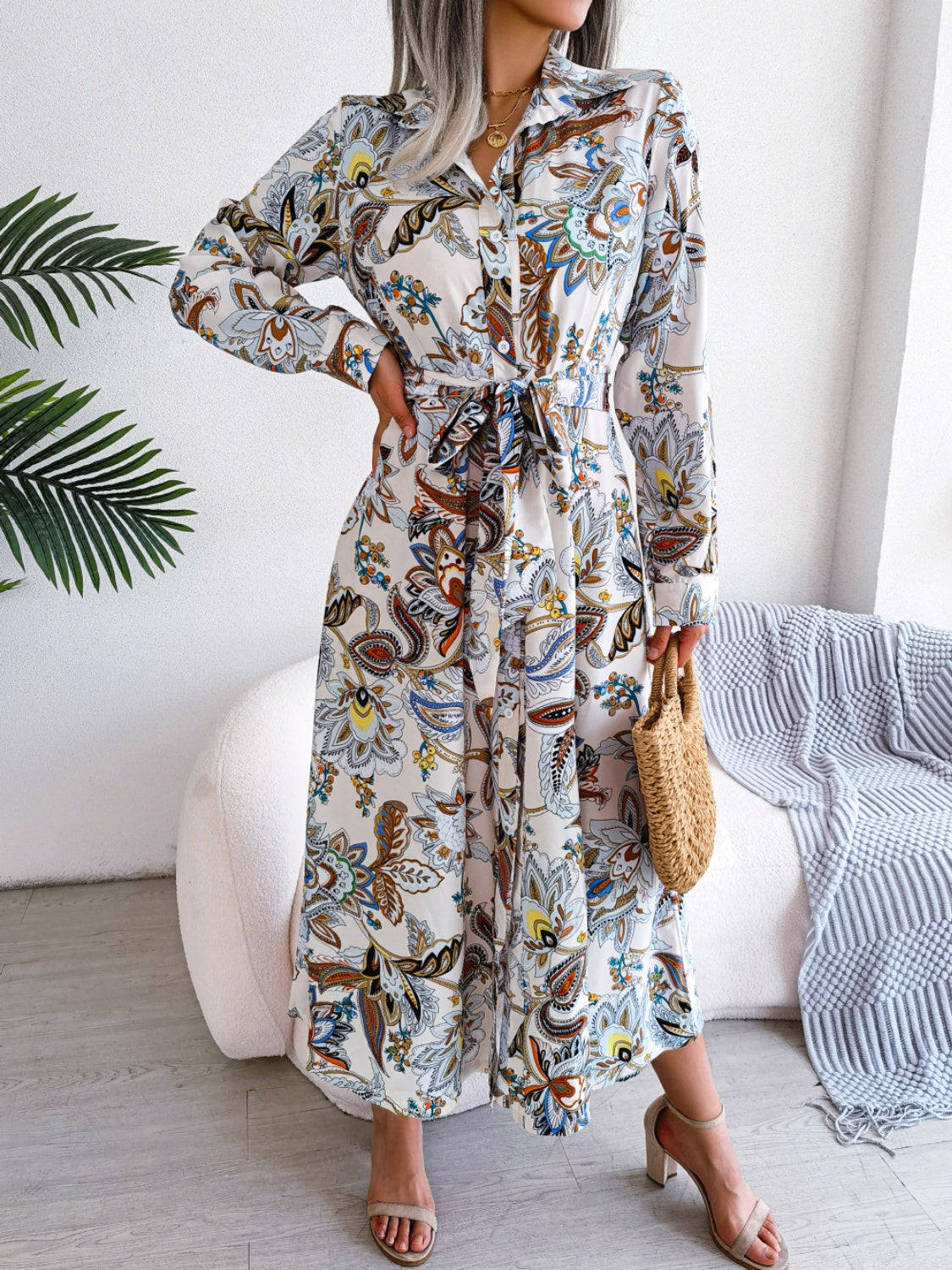 Tied Printed Long Sleeve Midi Dress - Body By J'ne