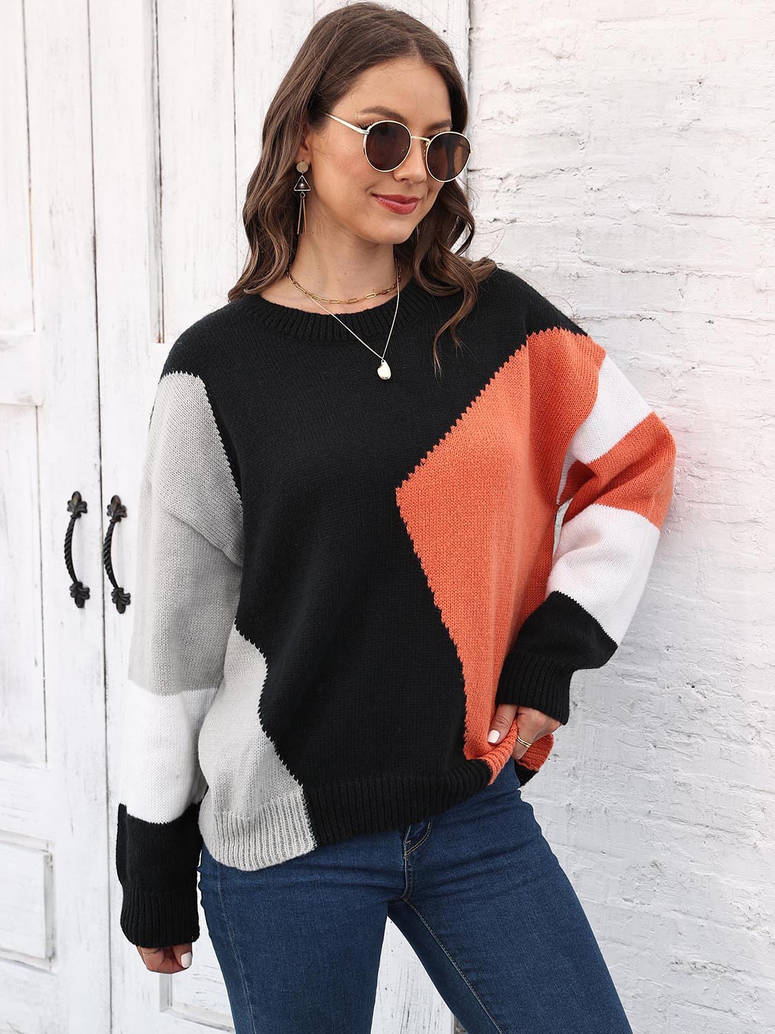 Color Block Round Neck Sweater - Body By J'ne
