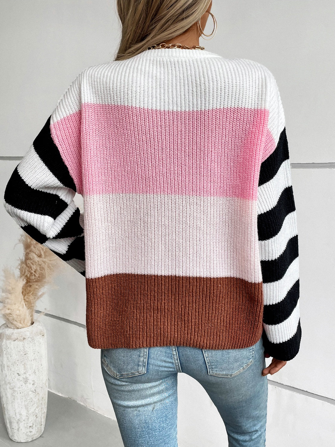 Color Block Round Neck Long Sleeve Sweater - Body By J'ne
