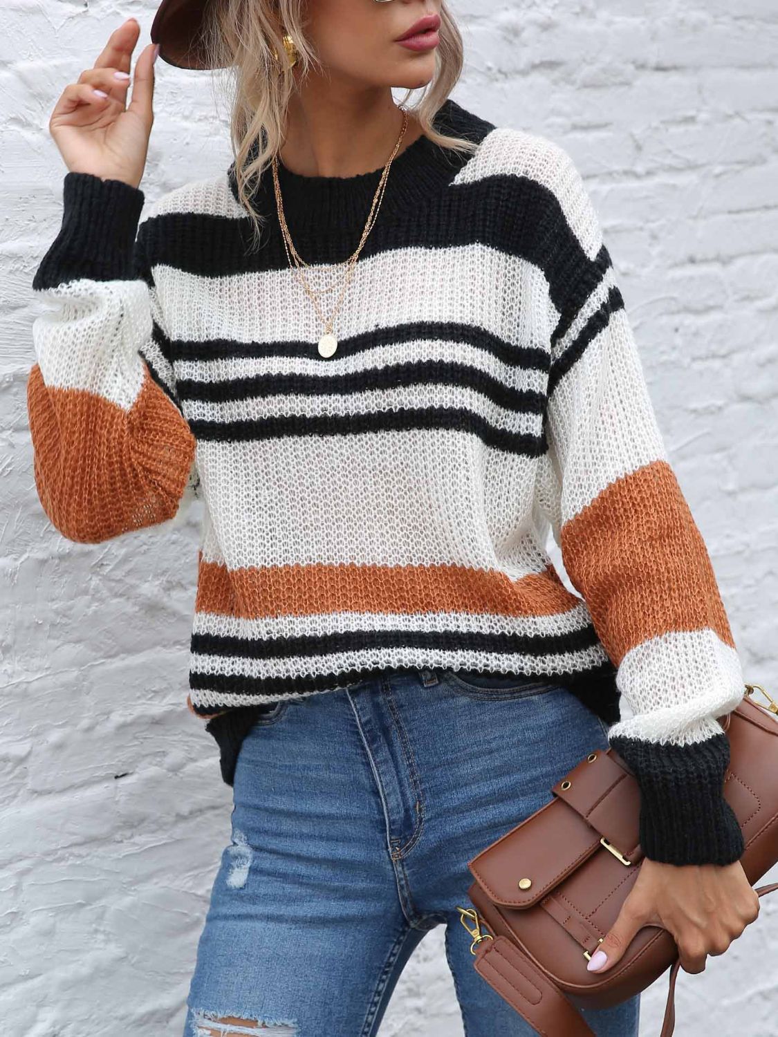 Contrast Striped Round Neck Long Sleeve Sweater - Body By J'ne