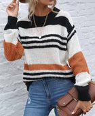 Contrast Striped Round Neck Long Sleeve Sweater