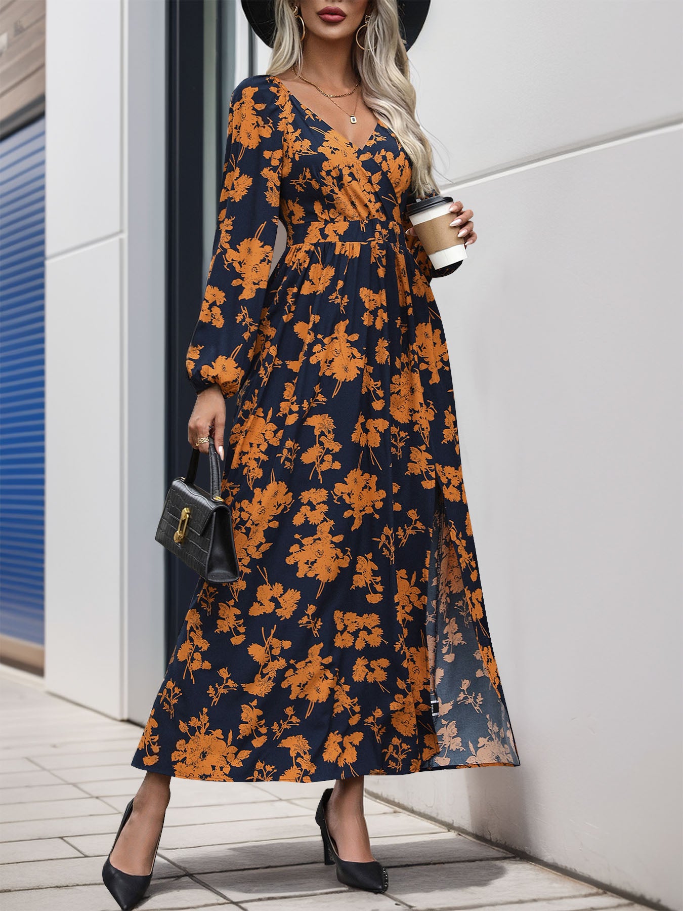 Perfee Split Printed Surplice Long Sleeve Midi Dress - Body By J'ne