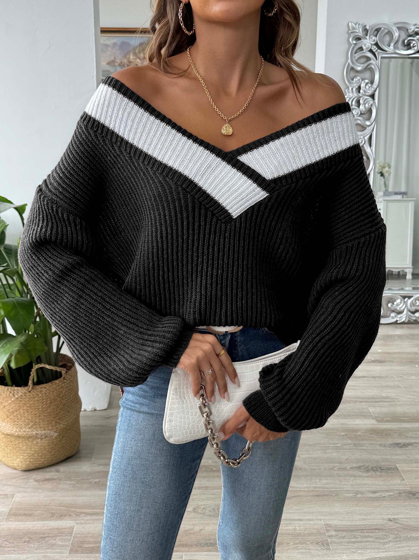 Contrast Dropped Shoulder Long Sleeve Sweater - Body By J'ne