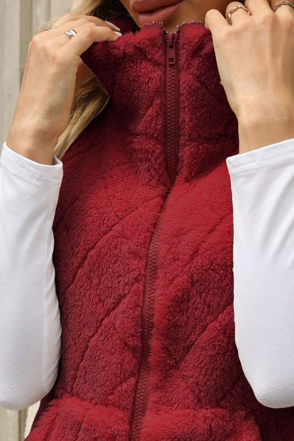 Fuzzy Plaid Texture Zip Up Vest Coat - Body By J'ne