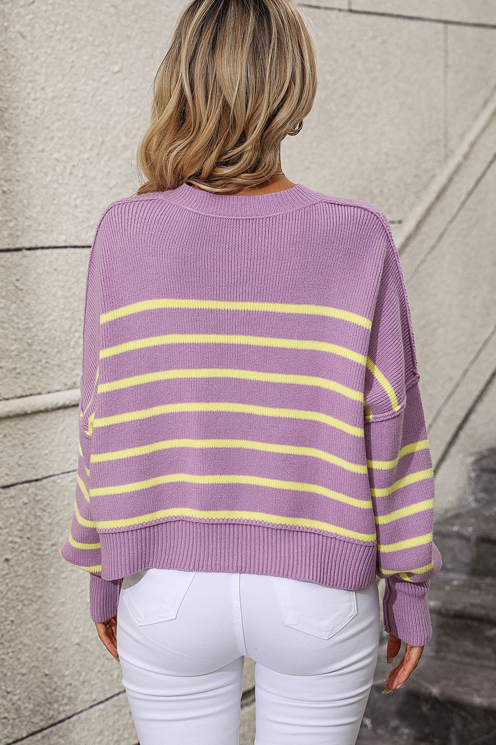 Striped Dropped Shoulder Round Neck Pullover Sweater - Body By J'ne