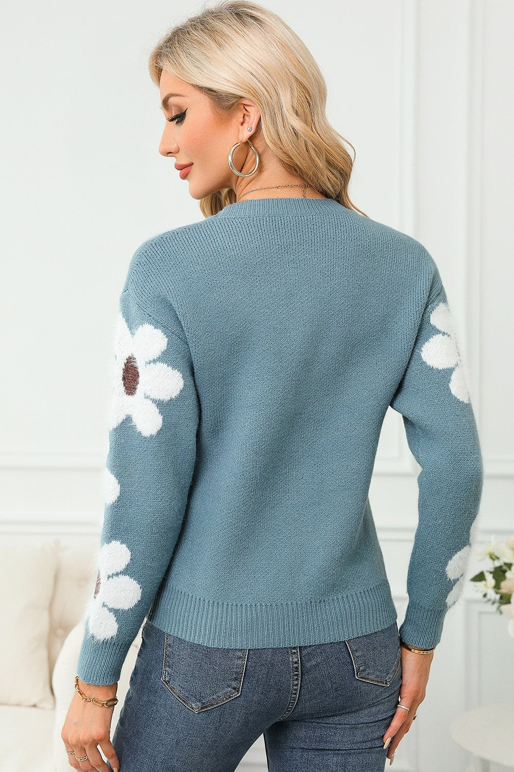Flower Round Neck Long Sleeve Sweater - Body By J'ne