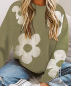 Round Neck Floral Pattern Color Contrast  Design Long Sleeve Sweater - Body By J'ne